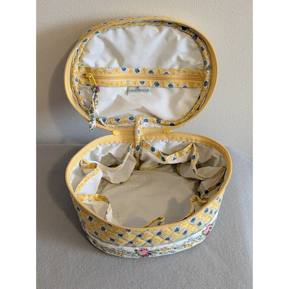 Rare Vintage Vera Bradley ELIZABETH Yellow Round Travel Cosmetic Bag Case Train